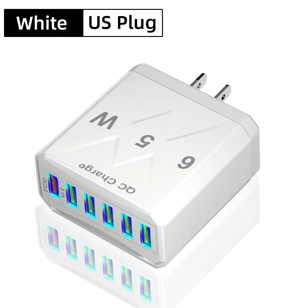 Cargador USB de 6 Puertos de Carga Rápida QC3.0 Para IPhone, Samsung, Xiaomi y Otros Dispositivos