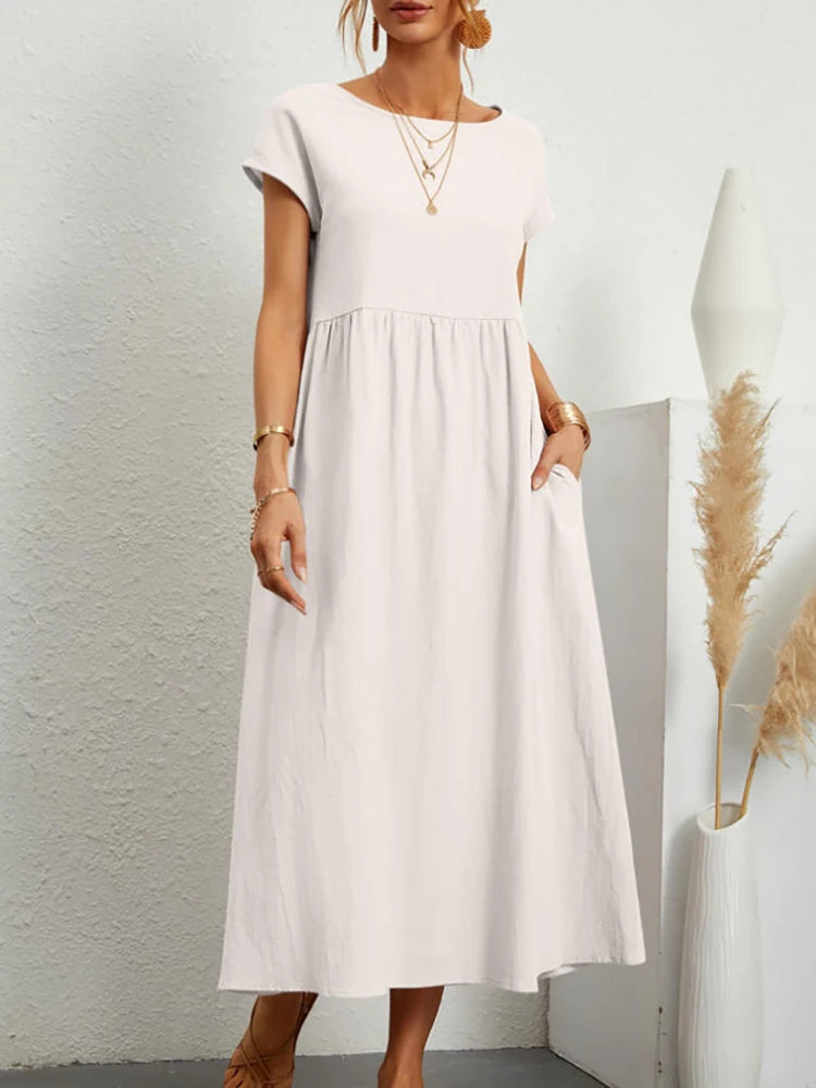 Elegant Maxi Dress Loose Short Sleeve Linen Cotton