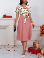 Robe Midi Florale Col V Ceinture Nouée /Décontracté /Mariage