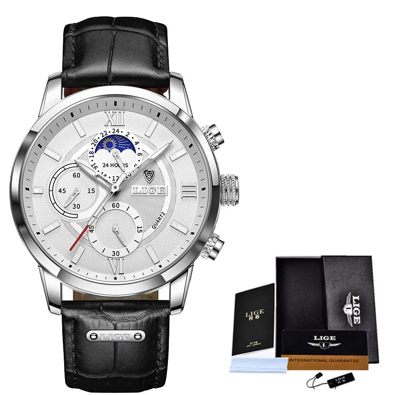 Reloj Hombre LIGE Lujo Cuarzo Cuero Deportivo Resistente al Agua