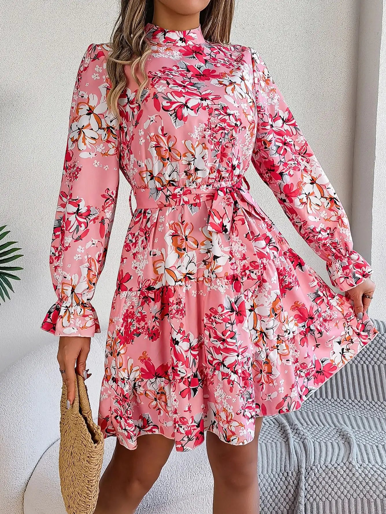 Elegant Floral High-Neck Dress with Belt