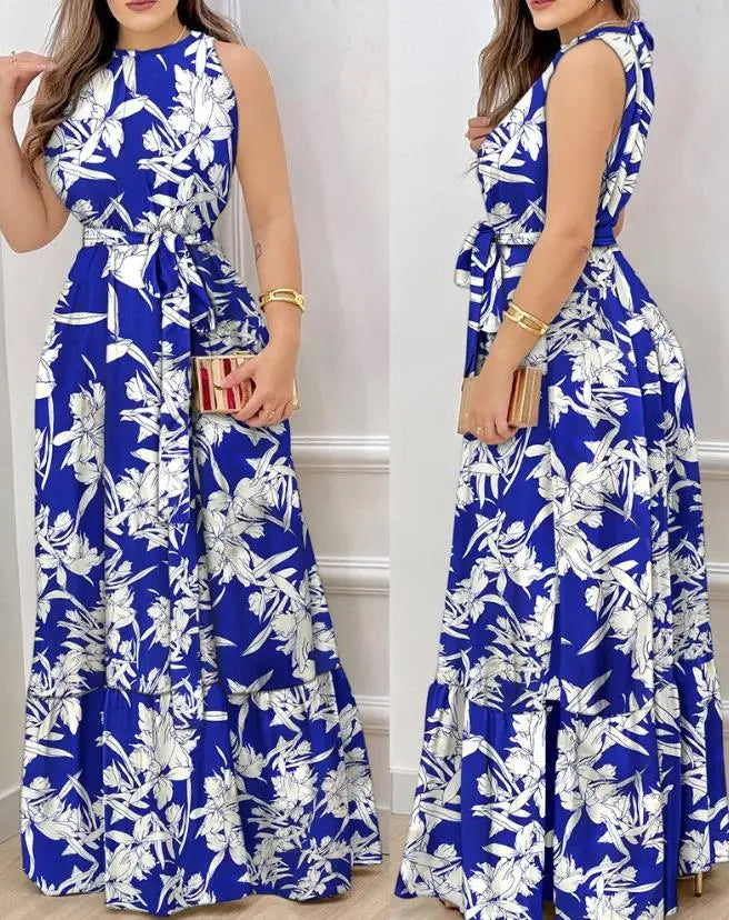 Casual Sleeveless Leaf Print Maxi Dress