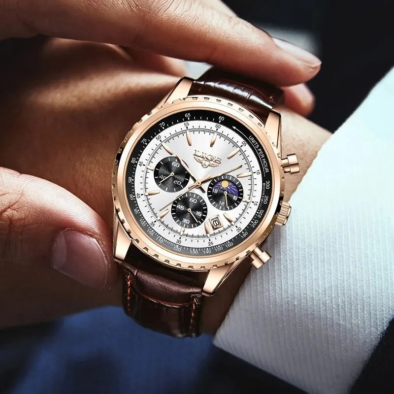 Reloj Hombre LIGE Cuarzo Cuero Deportivo Resistente al Agua + Caja