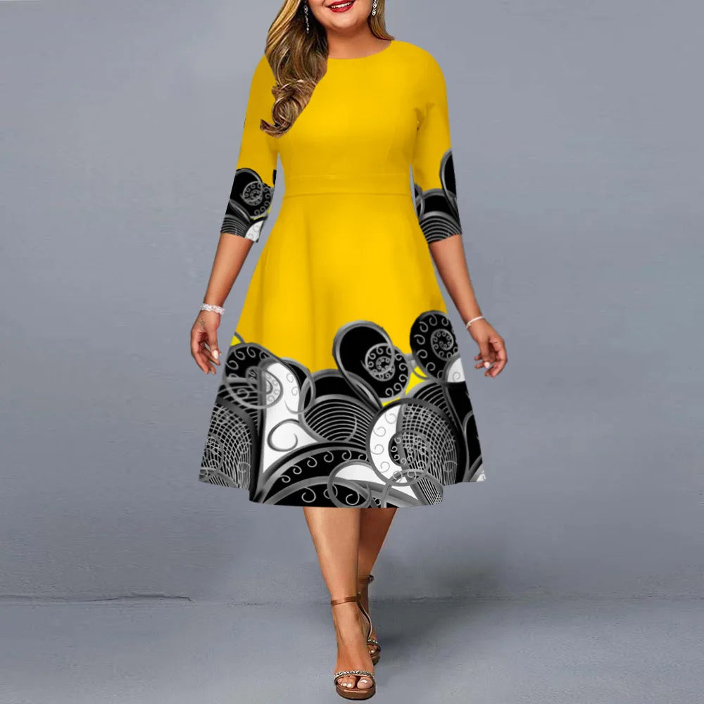 Vestido Mujer Talla Grande Línea A Manga 3/4 Estilo Folk Chic Fiesta
