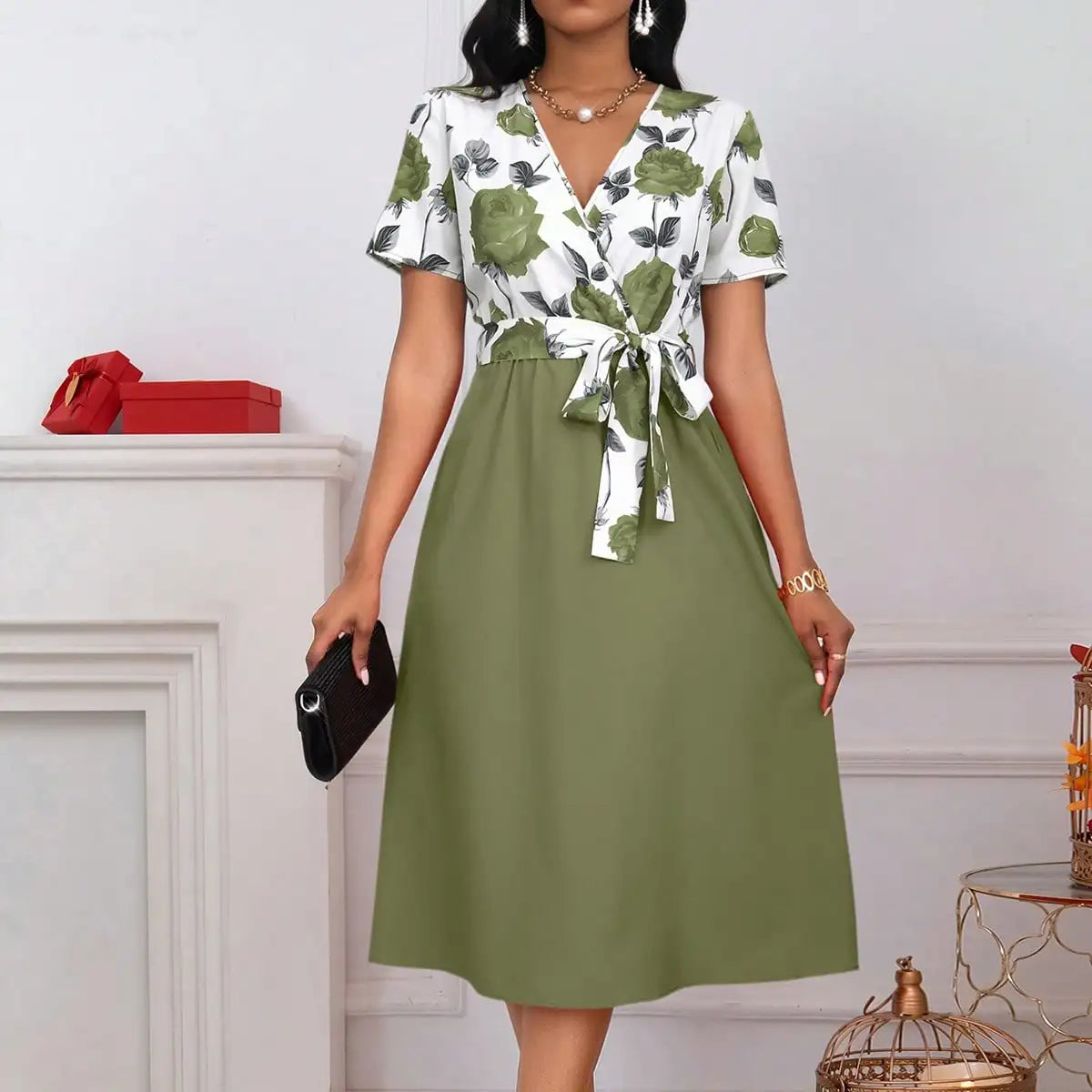 Floral V-Neck Knot-Waist Midi Dress /Casual /Wedding