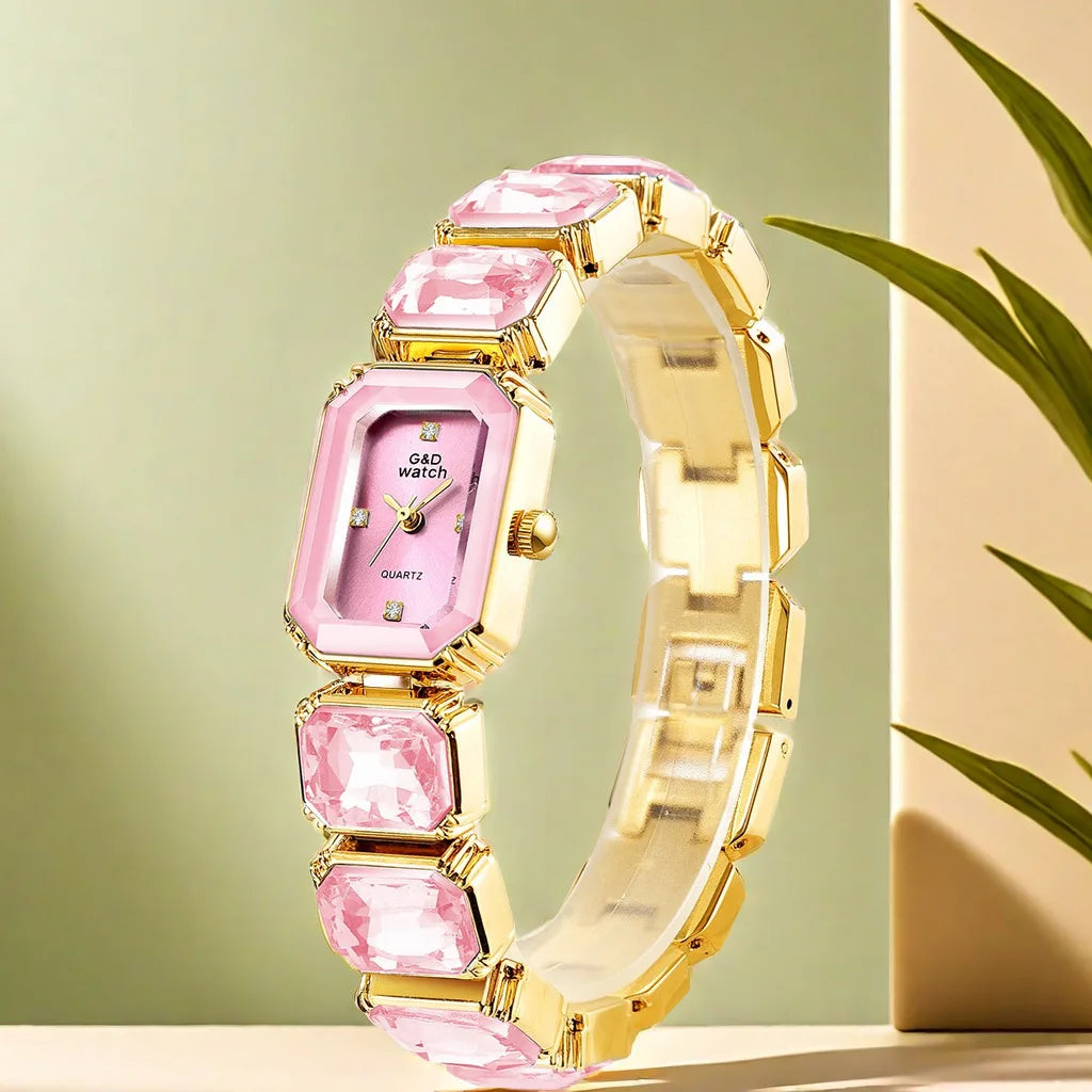 Reloj Pulsera Cuadrado Dorado con Diamantes para Dama