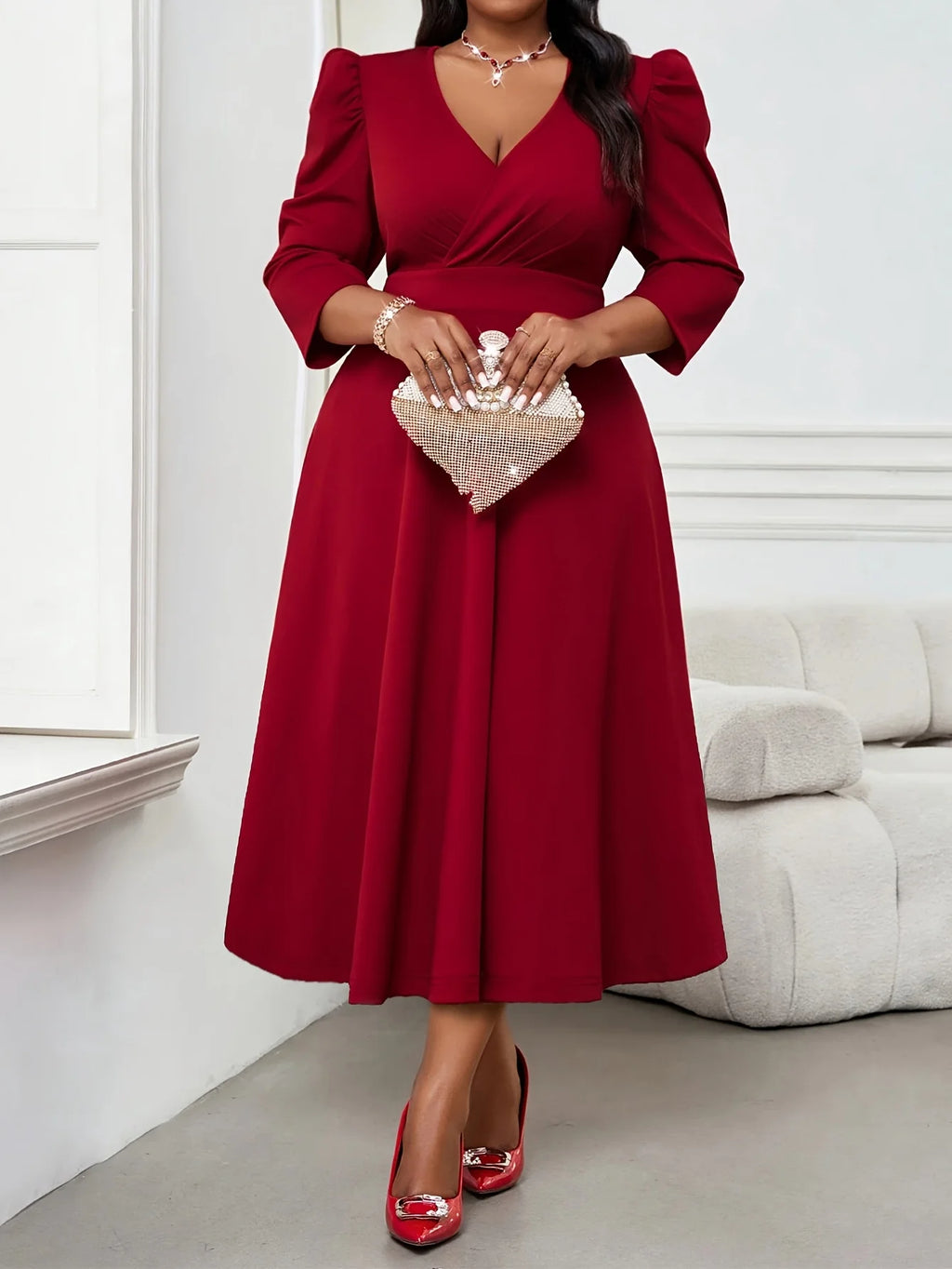 Vestido Rojo Elegante Mujer Talla Grande Manga 3/4