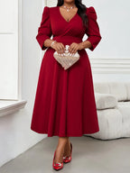 Robe Rouge Élégante Femme Grande Taille Manches 3/4
