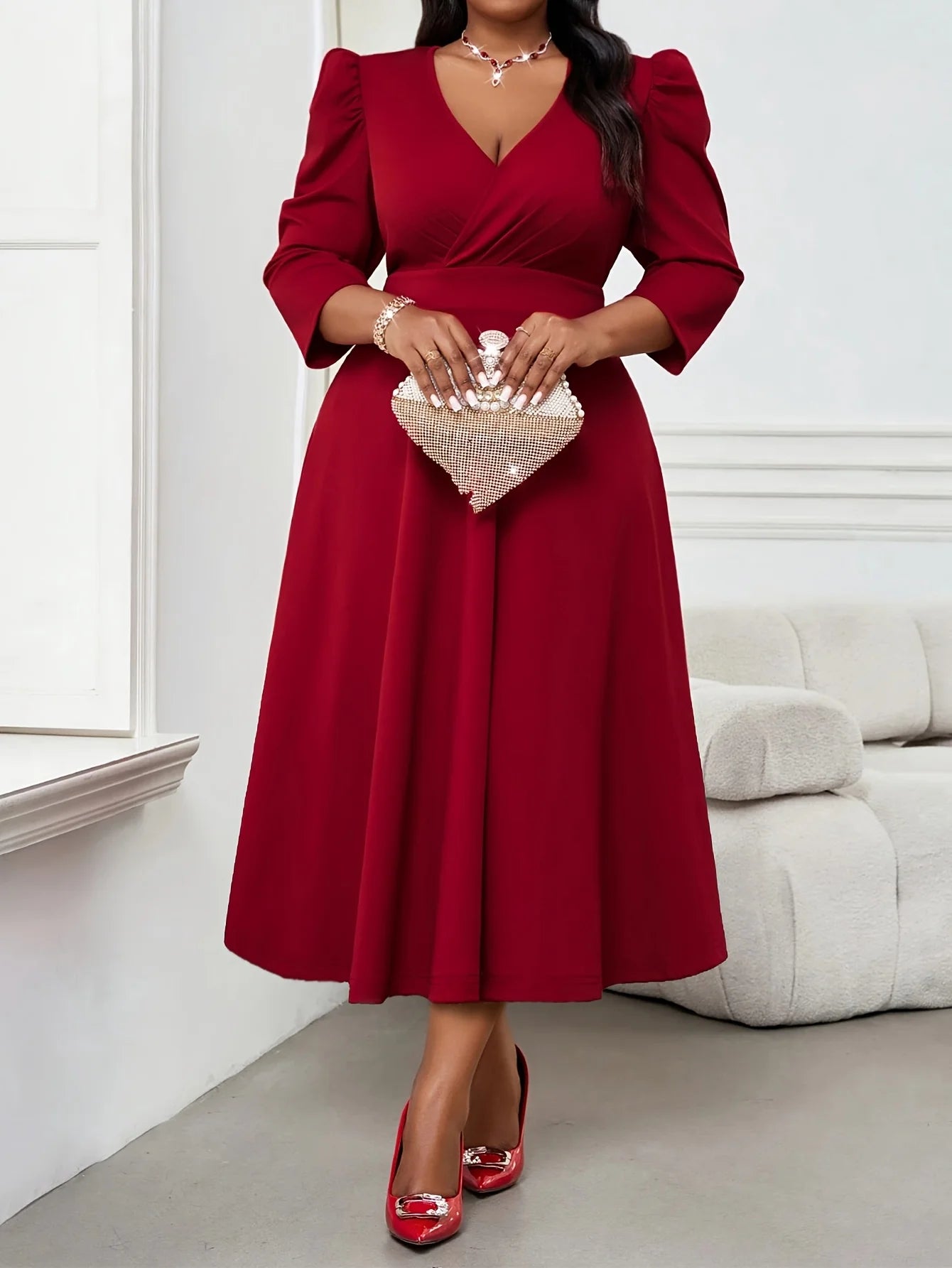 Vestido Rojo Elegante Mujer Talla Grande Manga 3/4