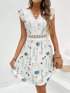 Robe courte en dentelle élégante sans manches à fleurs pour femme
