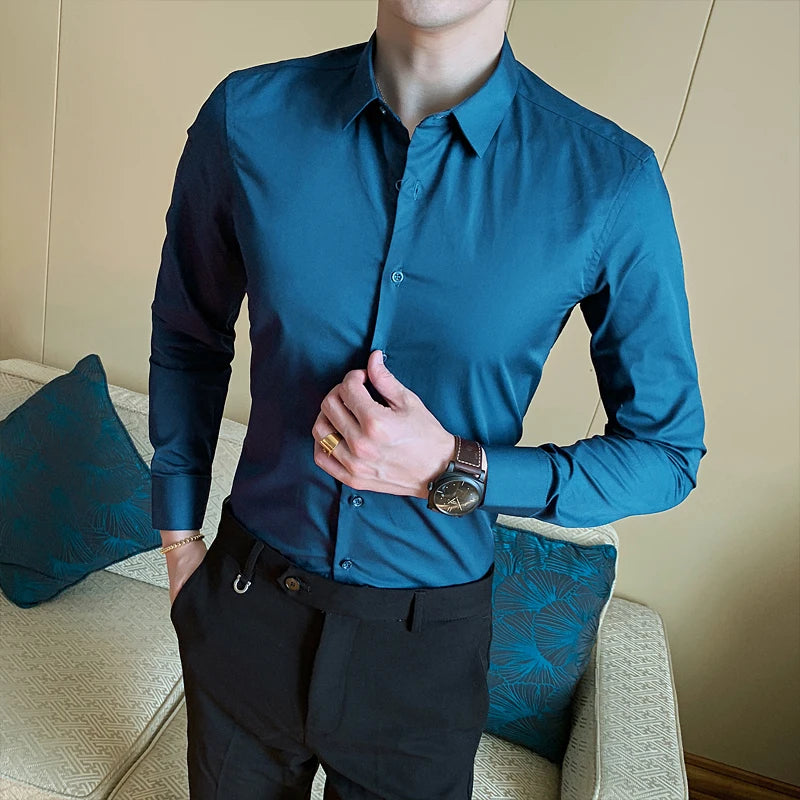 Camisa de Manga Larga Hombre Slim Fit Algodón Casual /Oficina