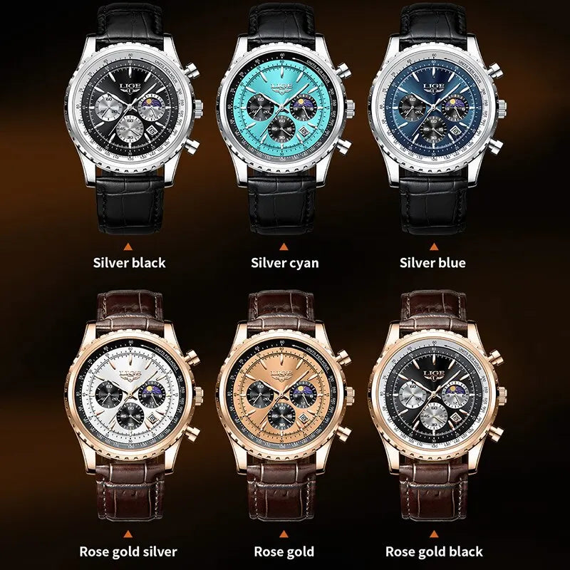 Reloj Hombre LIGE Cuarzo Cuero Deportivo Resistente al Agua + Caja