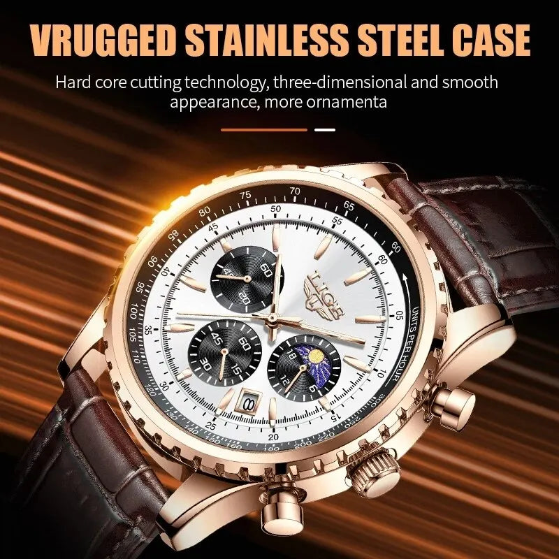 Reloj Hombre LIGE Cuarzo Cuero Deportivo Resistente al Agua + Caja