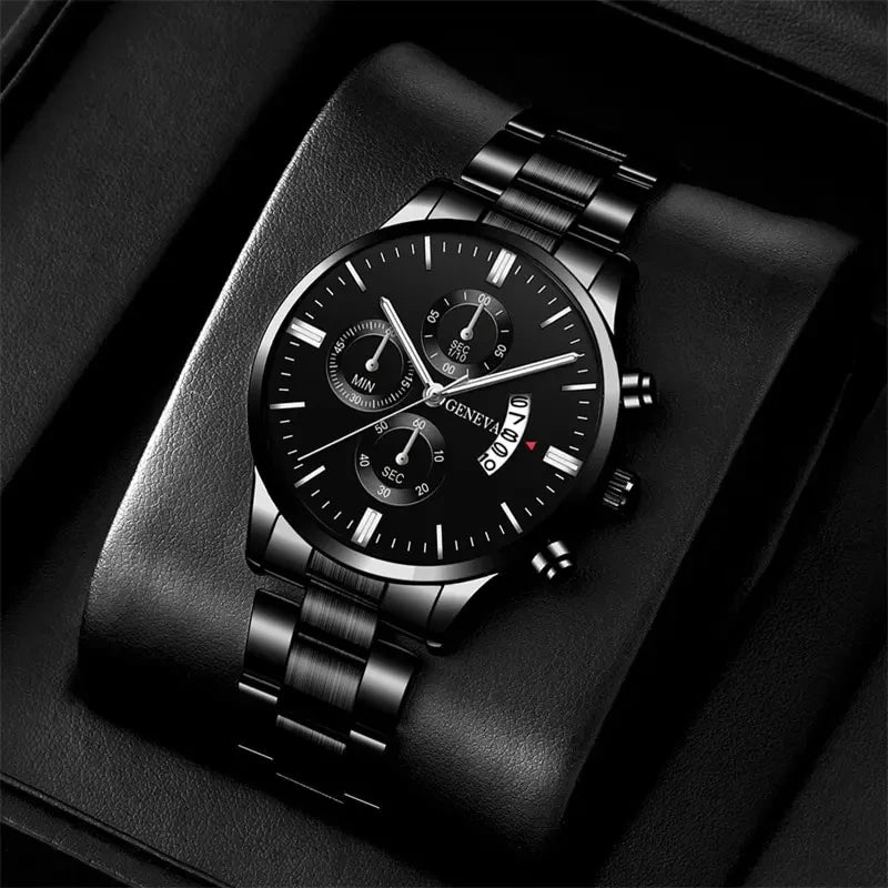Luxury Black Quartz Stainless Steel Watch with Calendar