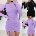 Robe moulante à manches longues et col rond de couleur unie