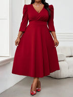 Robe Rouge Élégante Femme Grande Taille Manches 3/4