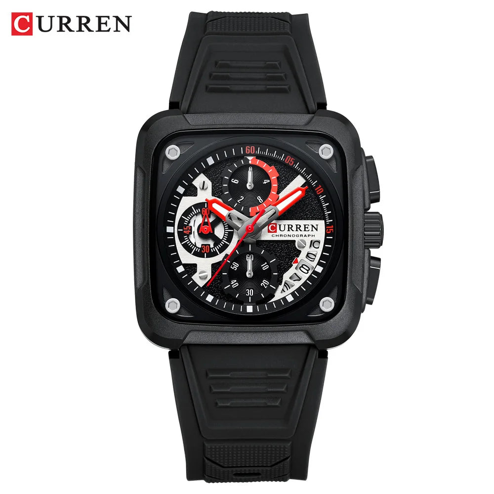 Reloj de Cuarzo CURREN 8461 Cuadrado Para Hombre con Cronógrafo, Correa de silicona