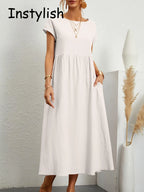 Robe longue élégante manches courtes lin coton ample
