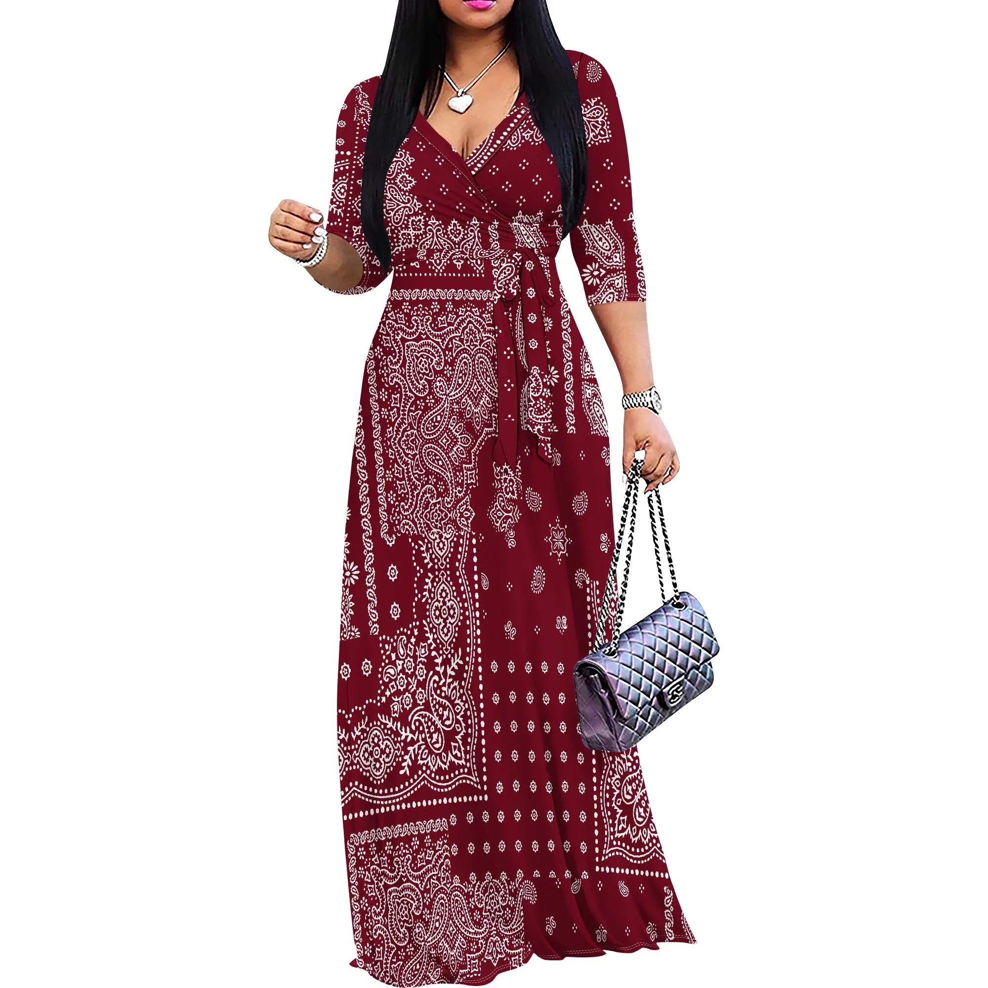 Vestido Maxi Mujer Talla Grande Estampado Manga 3/4 con Cinturón