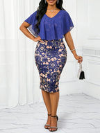 Robe midi élégante en mousseline fleurie moulante à volants pour femme