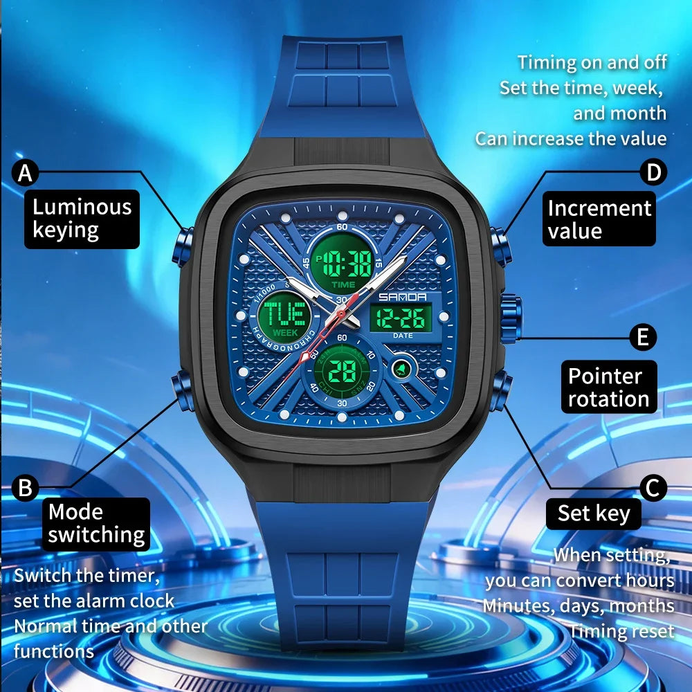 Reloj Deportivo SANDA 6387 Cuadrado Analógico Digital Para Hombre con Cronómetro