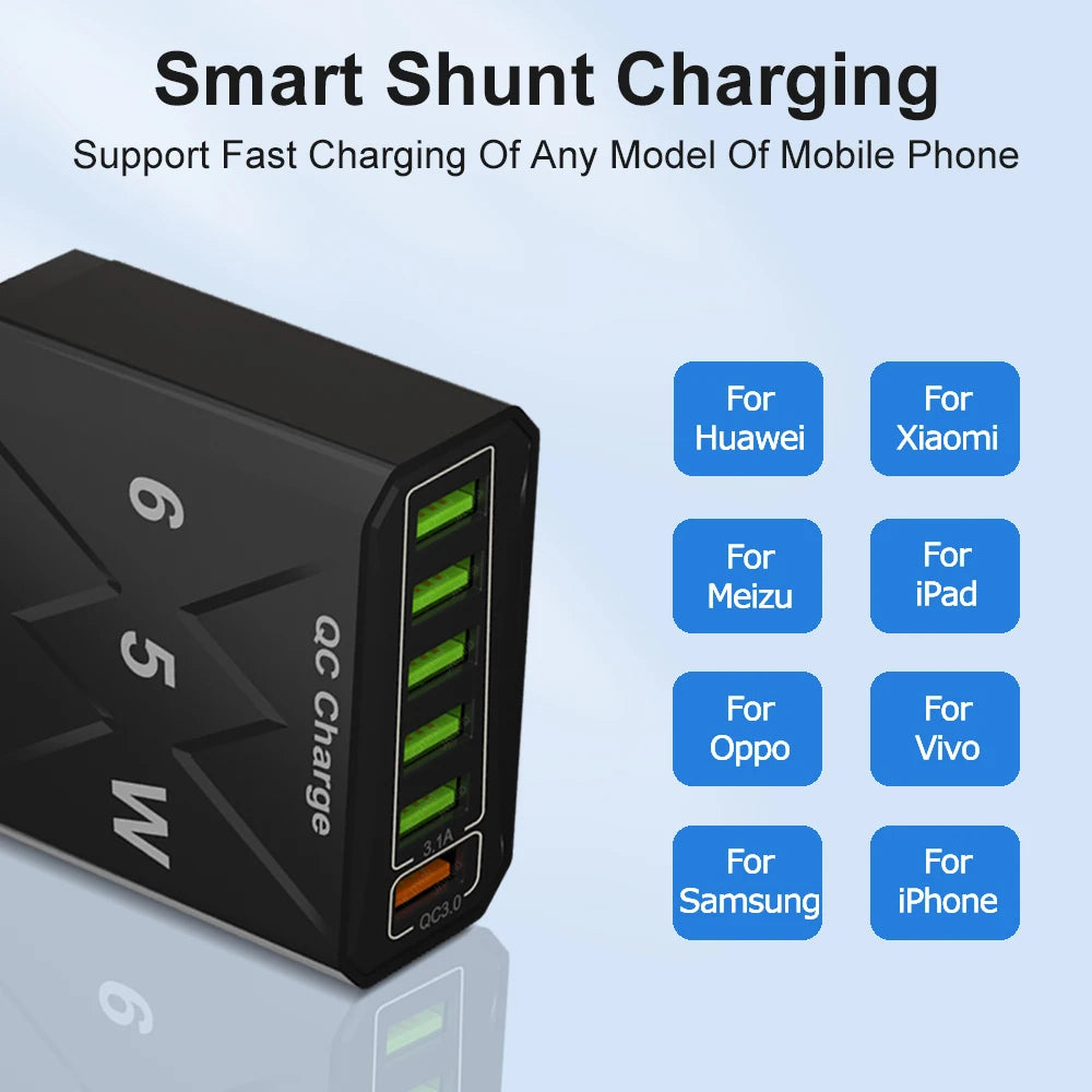 Cargador USB de 6 Puertos de Carga Rápida QC3.0 Para IPhone, Samsung, Xiaomi y Otros Dispositivos