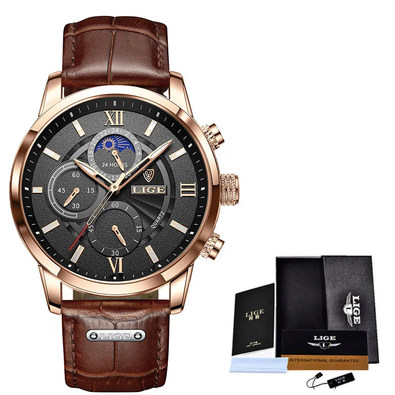 Reloj Hombre LIGE Lujo Cuarzo Cuero Deportivo Resistente al Agua