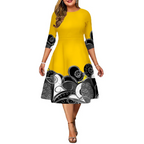 Robe Femme Grande Taille Trapèze Manches 3/4 Style Folk Chic Soirée