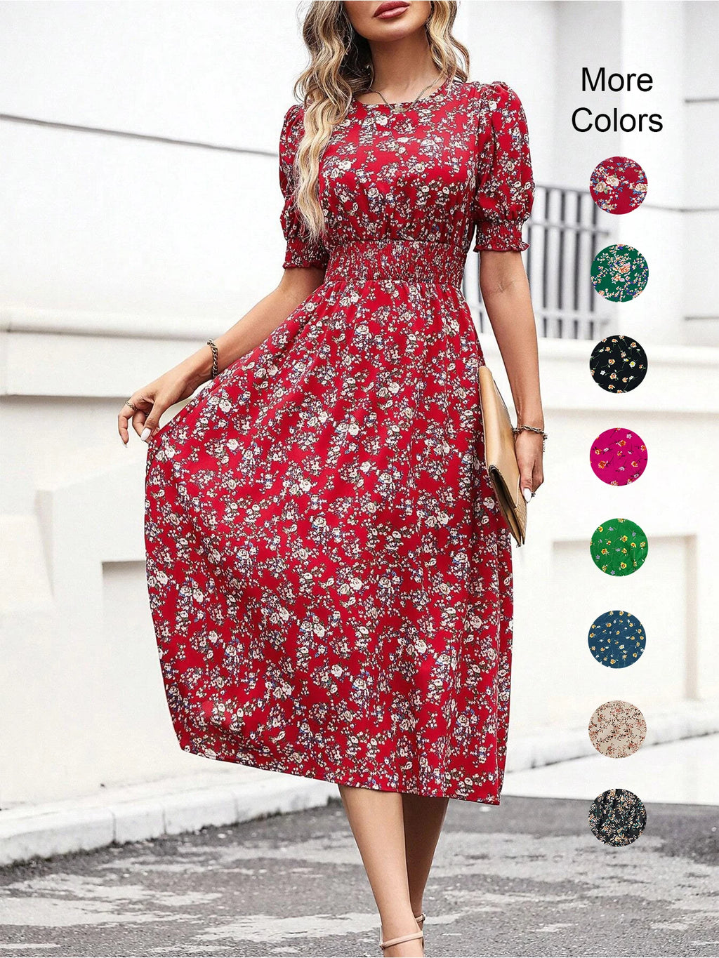 Vestido Floral Boho Manga Abullonada Cuello Redondo