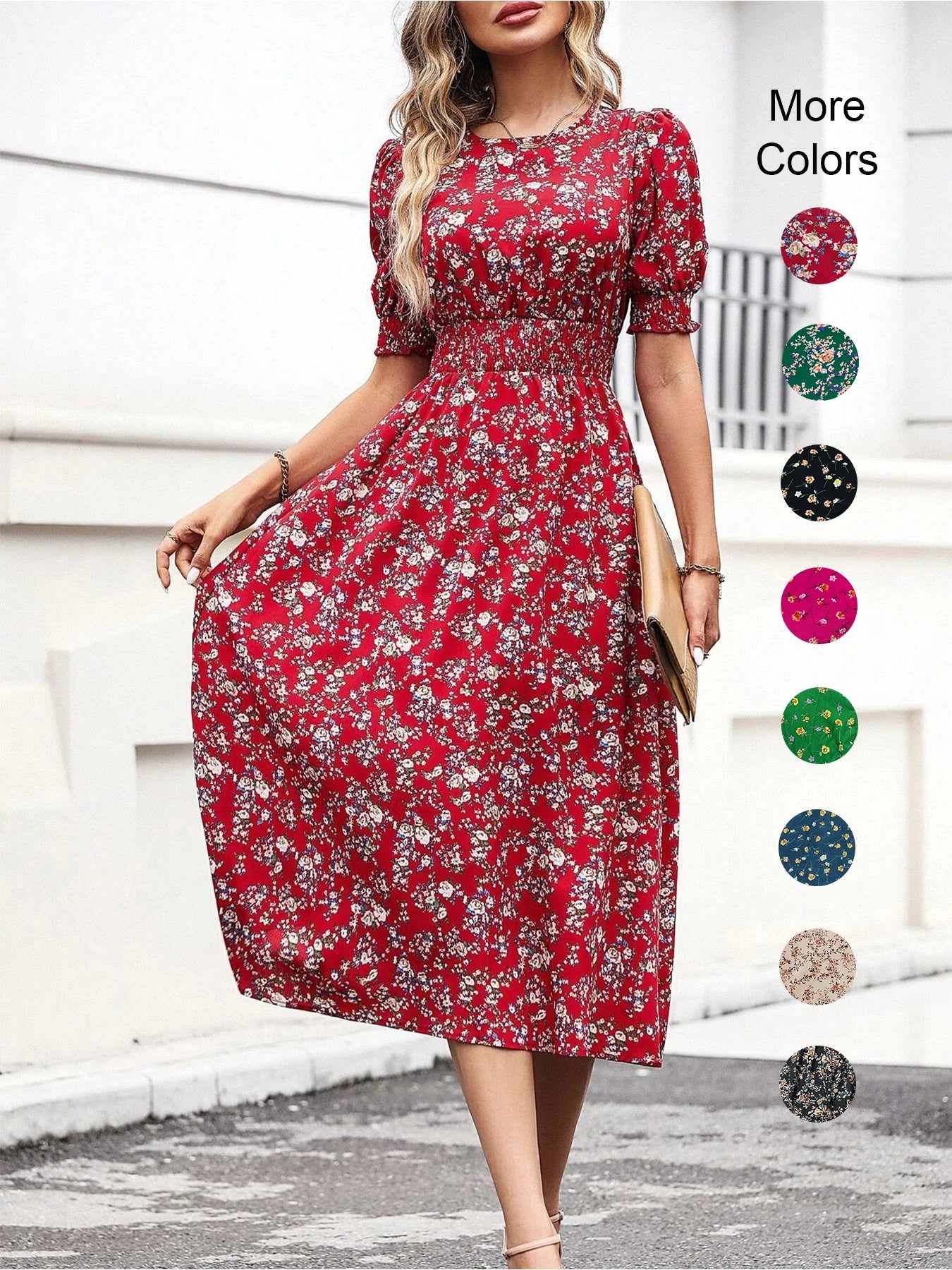 Boho Floral Puff Sleeve Round Neck Dress