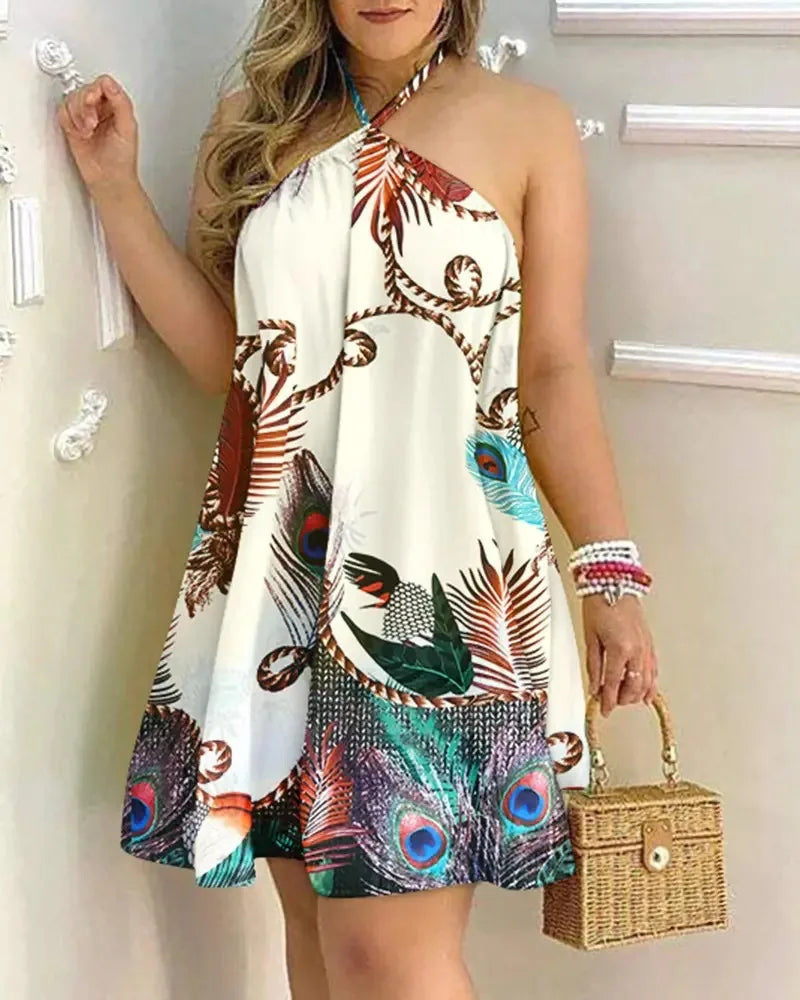 Boho Floral Backless Halter Dress