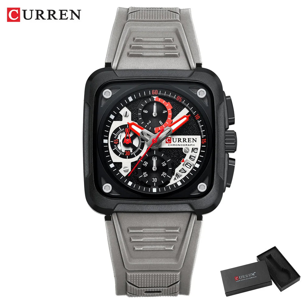 Reloj de Cuarzo CURREN 8461 Cuadrado Para Hombre con Cronógrafo, Correa de silicona