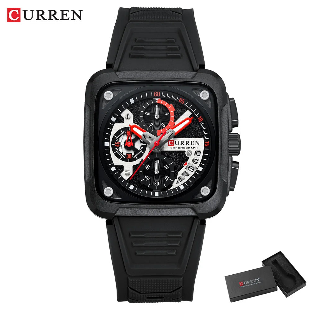 Reloj de Cuarzo CURREN 8461 Cuadrado Para Hombre con Cronógrafo, Correa de silicona