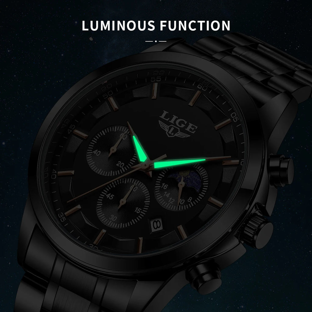Reloj Hombre LIGE Negocios Cuarzo Cronógrafo Luminoso 3ATM + Caja Regalo