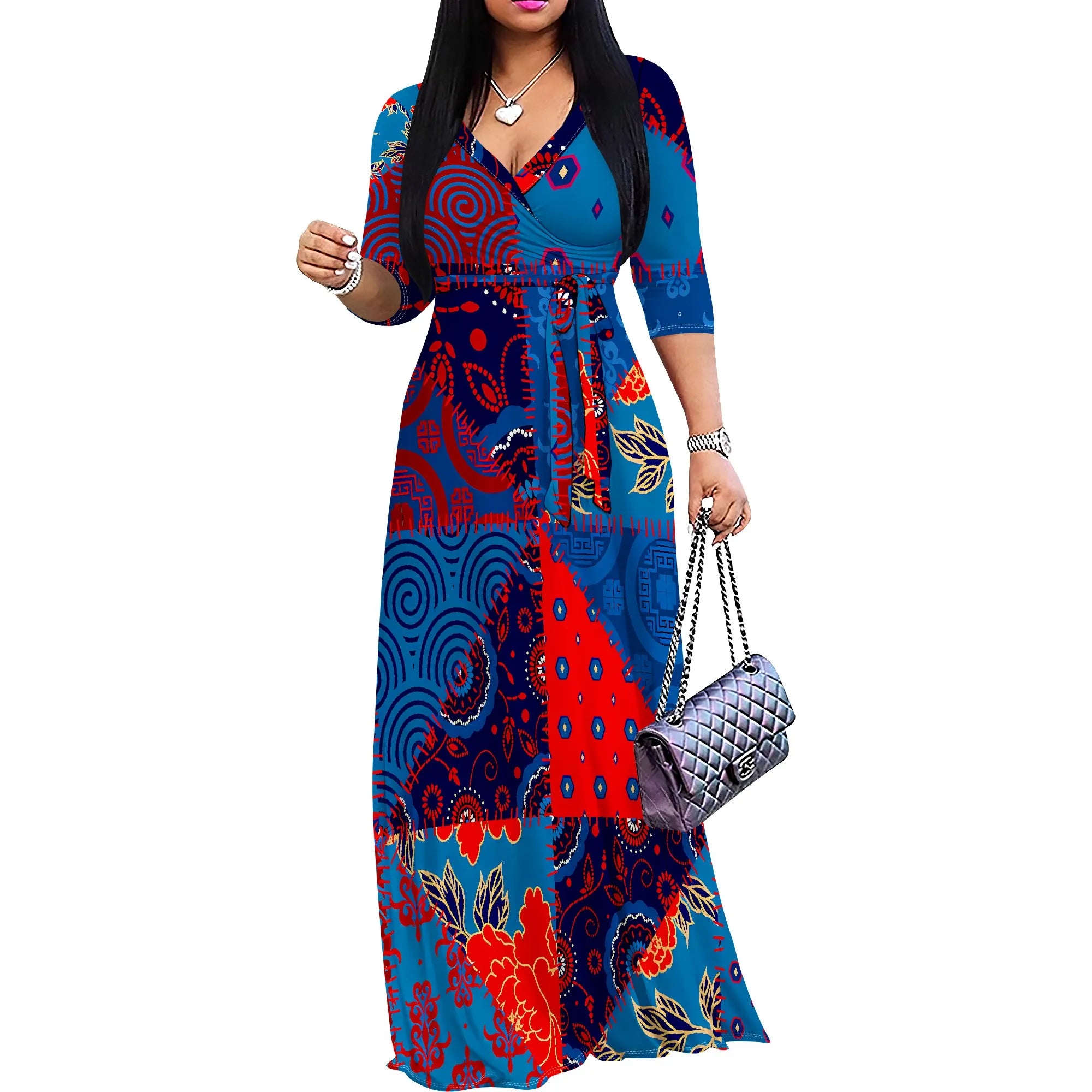Vestido Maxi Mujer Talla Grande Estampado Manga 3/4 con Cinturón