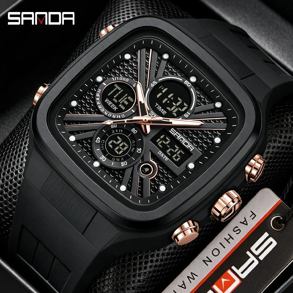 Reloj Deportivo SANDA 6387 Cuadrado Analógico Digital Para Hombre con Cronómetro