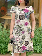 Vestido Floral Mujer Manga Corta Vintage Cuello Redondo