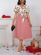 Robe Midi Florale Col V Ceinture Nouée /Décontracté /Mariage