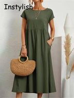 Robe longue élégante manches courtes lin coton ample