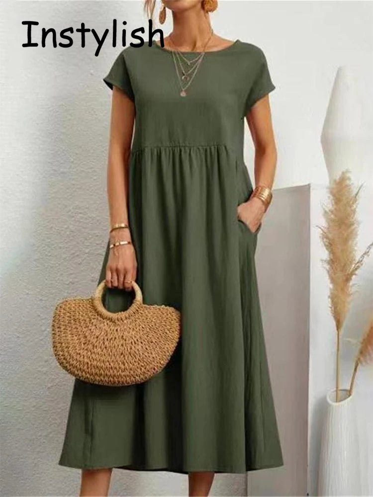 Elegant Maxi Dress Loose Short Sleeve Linen Cotton