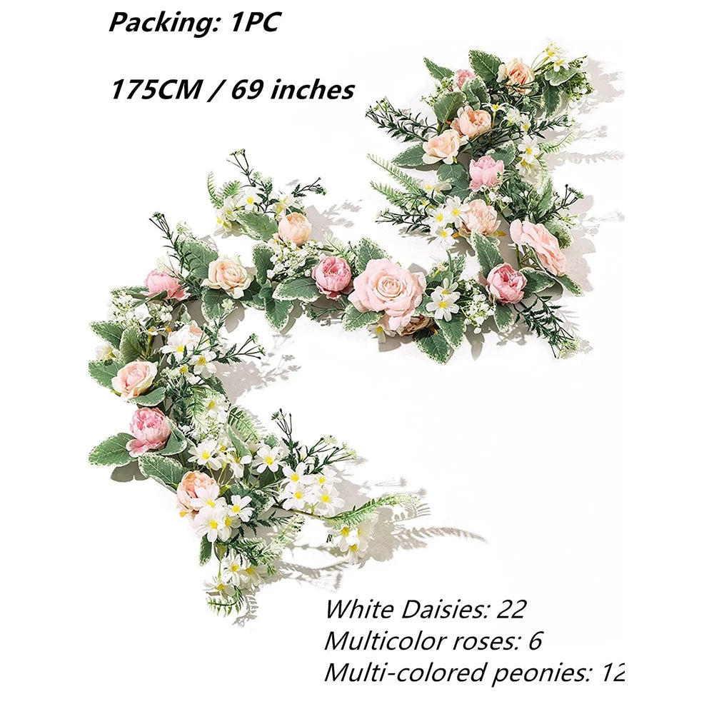 Guirnalda de Flores Artificiales 175cm Rosas Peonías y Margaritas