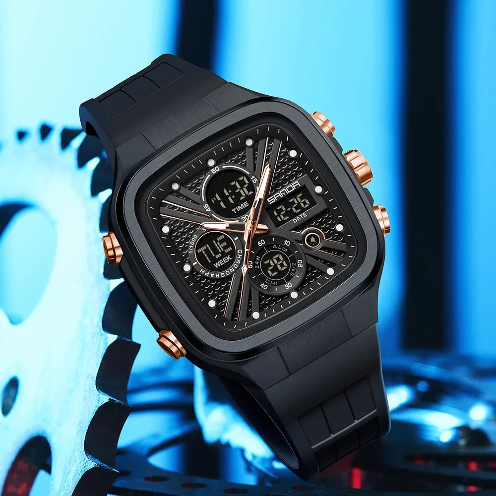 Reloj Deportivo SANDA 6387 Cuadrado Analógico Digital Para Hombre con Cronómetro
