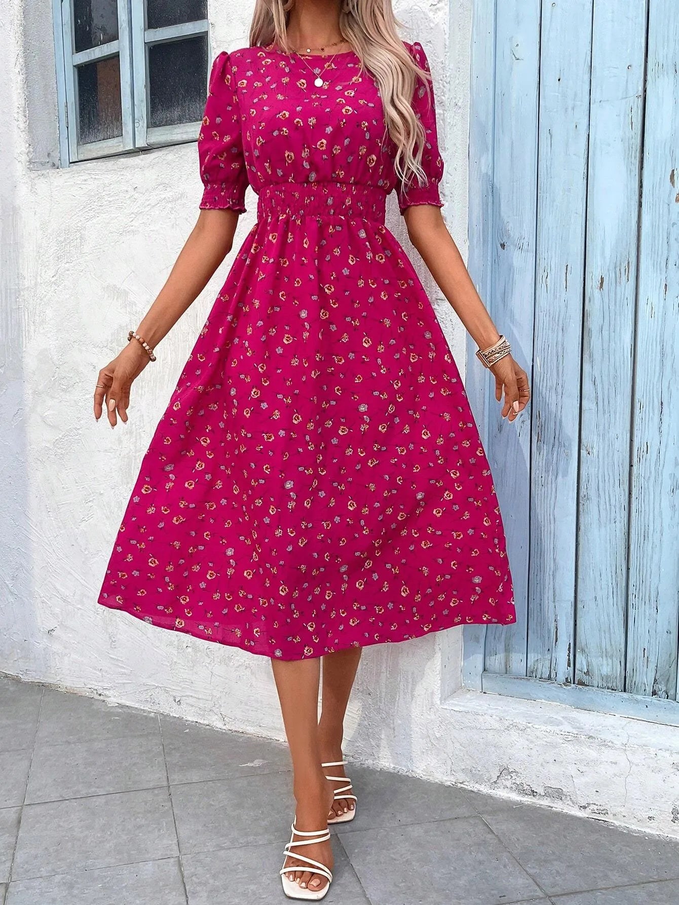 Boho Floral Puff Sleeve Round Neck Dress