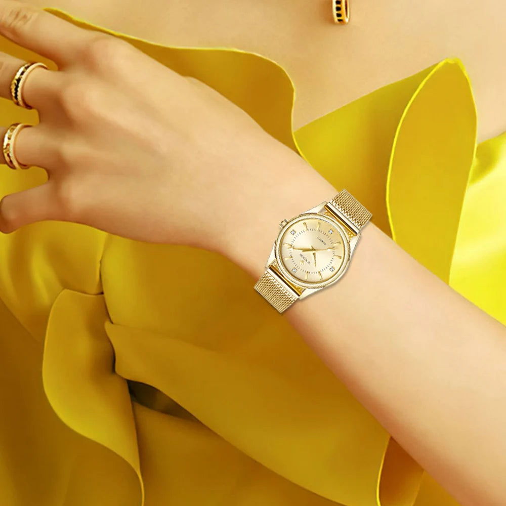 Reloj de Lujo Dorado Elegante con Diamantes para Dama