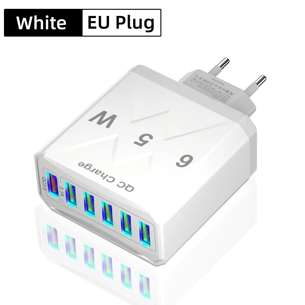 Cargador USB de 6 Puertos de Carga Rápida QC3.0 Para IPhone, Samsung, Xiaomi y Otros Dispositivos