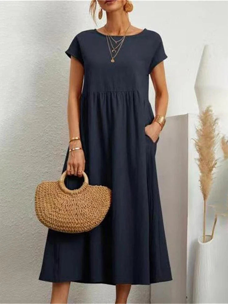 Elegant Maxi Dress Loose Short Sleeve Linen Cotton