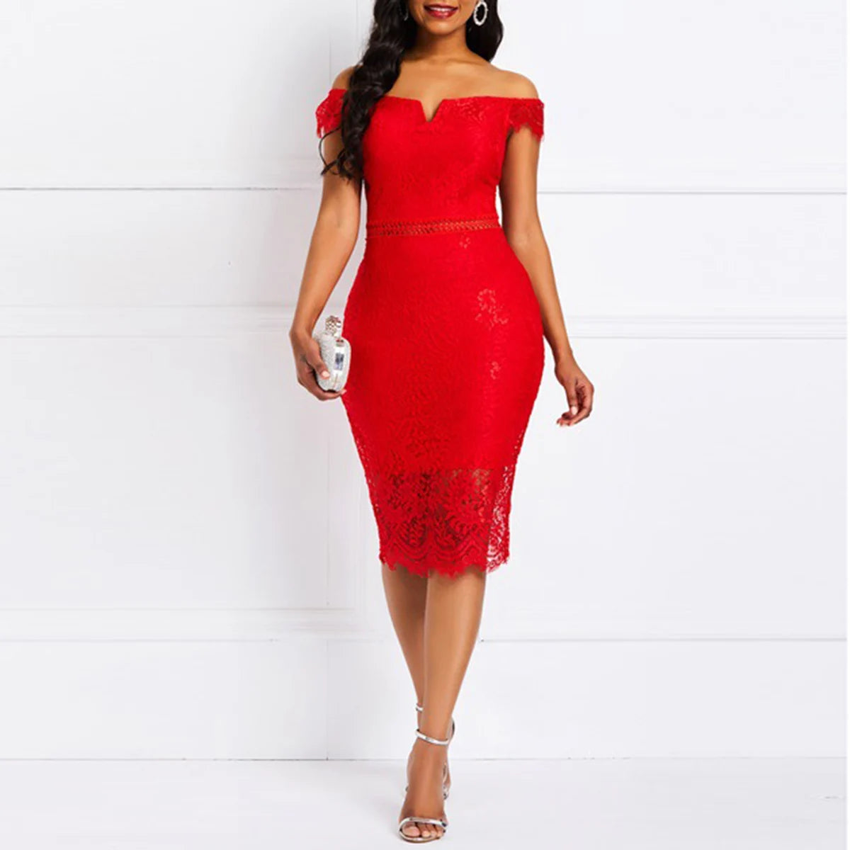Vestido de Encaje Casual Mujer Cuello en V Manga Corta Slim Fit