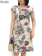 Vestido Floral Mujer Manga Corta Vintage Cuello Redondo