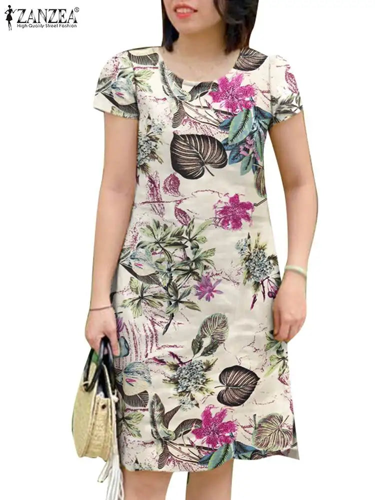 Vestido Floral Mujer Manga Corta Vintage Cuello Redondo