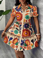 Robe chemise fleurie courte évasée à manches bouffantes